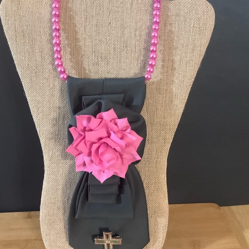 Hand Crafted Necktie Necklace Grayish Green Cross Brooch Pink Floral Accent - Picture 3 of 11